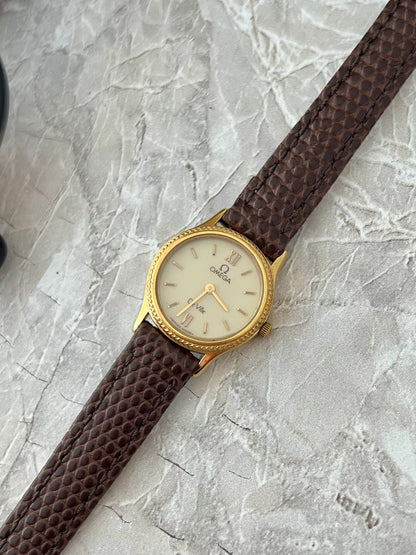 Omega De Ville Rope Bezel Brown Strap Watch: second angled dial view.