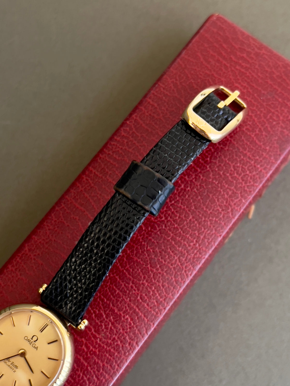Omega De Ville Gold Toned Round Women’s Watch, bracelet detail of a vintage women's watch at Gilded Hour.