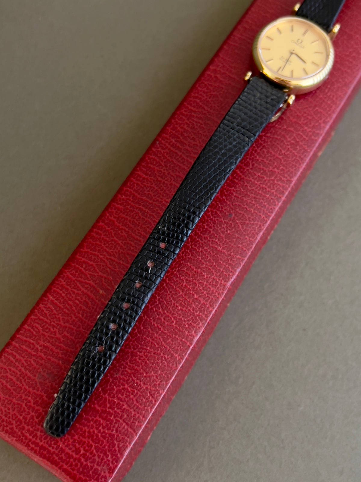 Omega De Ville Gold Toned Round Women’s Watch, bracelet detail of a vintage women's watch at Gilded Hour.