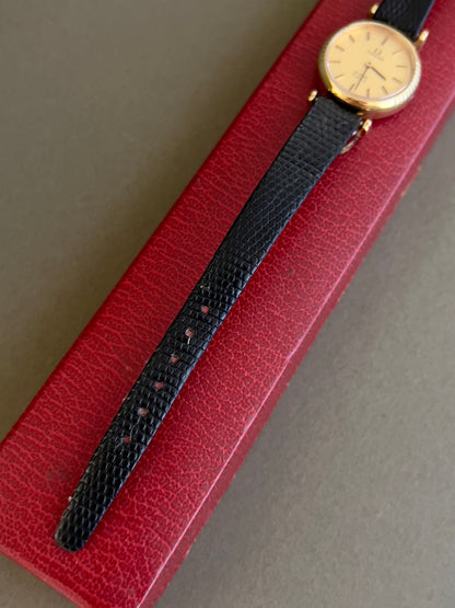 Omega De Ville Gold Toned Round Women’s Watch, bracelet detail of a vintage women's watch at Gilded Hour.