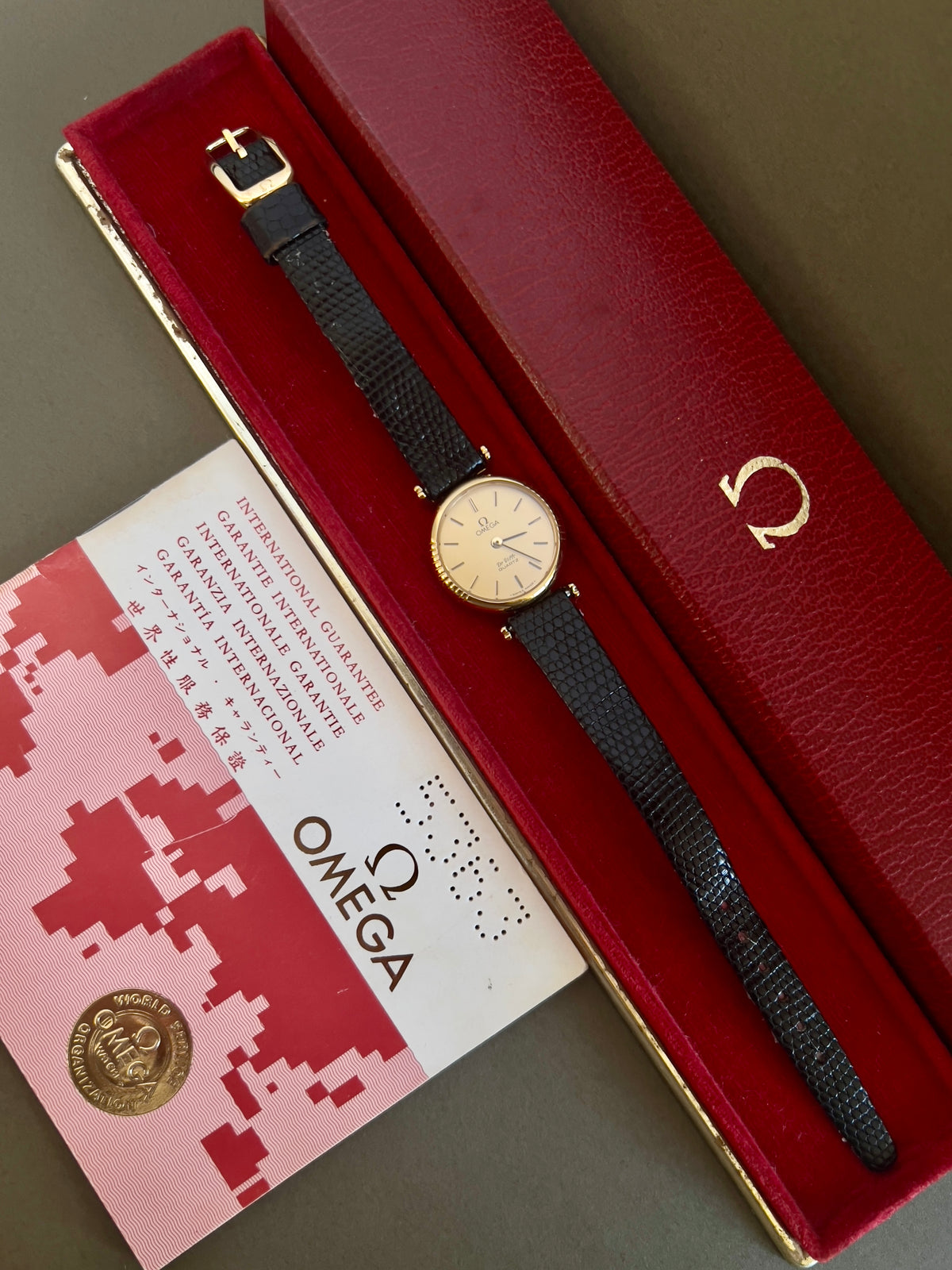 Omega De Ville Gold Toned Round Women’s Watch, box set of a vintage women's watch at Gilded Hour.