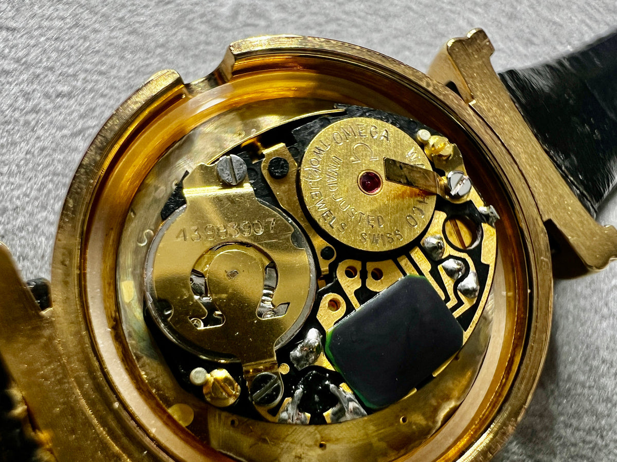 Omega De Ville Gold Toned Round Women’s Watch, angled view of a vintage women's watch at Gilded Hour.