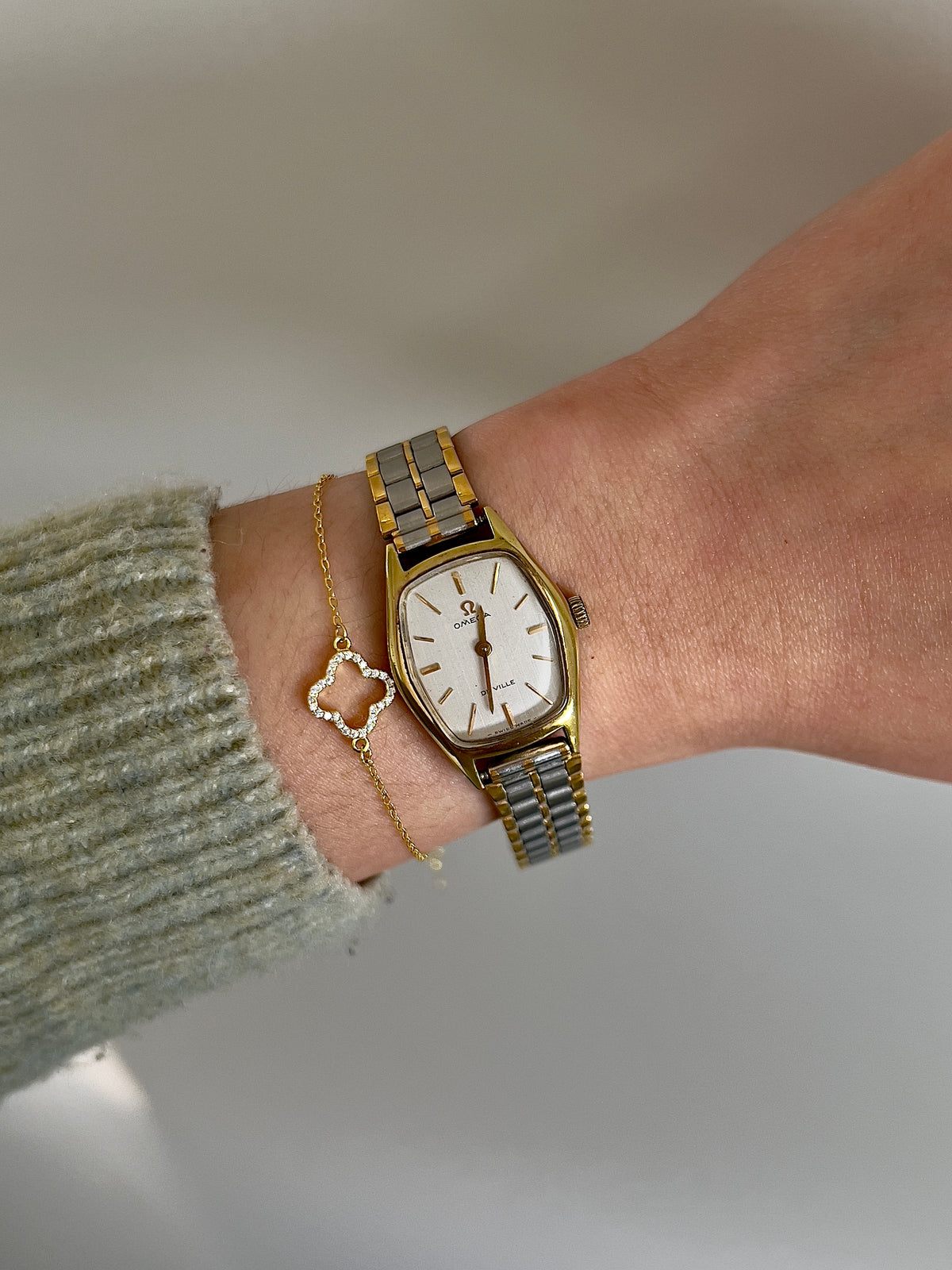 Omega De Ville Gold Woman's Watch with Tonneau Case, dial close up of a vintage women's watch at Gilded Hour.