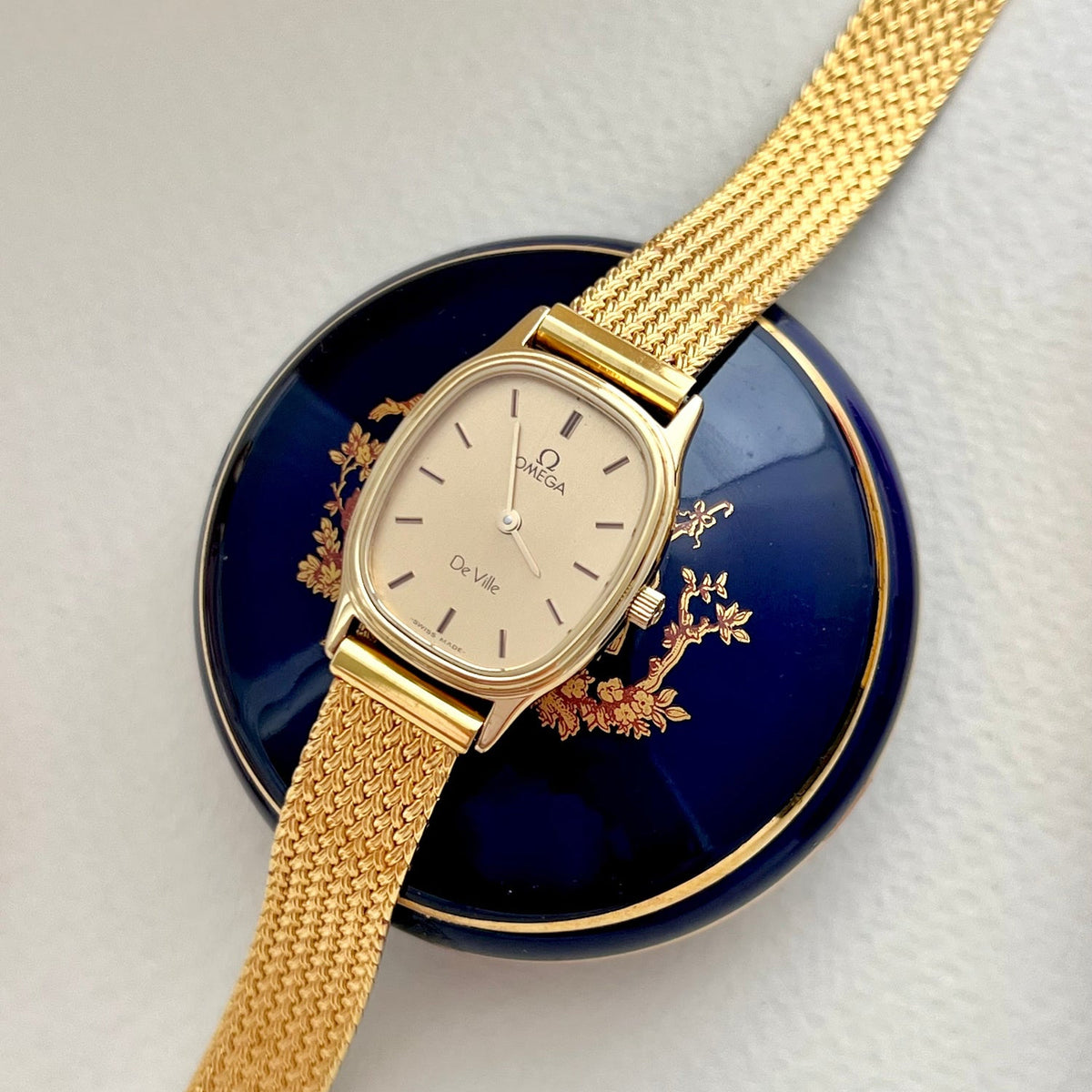Omega De Ville Oblong Womens Watch with Gold Mesh Bracelet, product view 1.