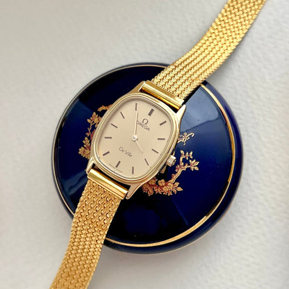 Omega De Ville Oblong Womens Watch with Gold Mesh Bracelet, product view 1.