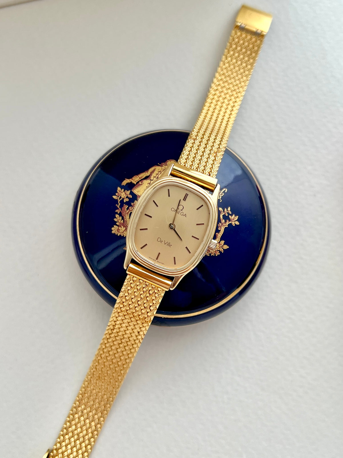 Omega De Ville Oblong Womens Watch with Gold Mesh Bracelet, product view 13.