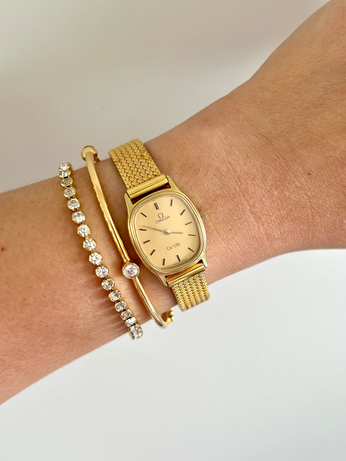Omega De Ville Oblong Womens Watch with Gold Mesh Bracelet, product view 2.