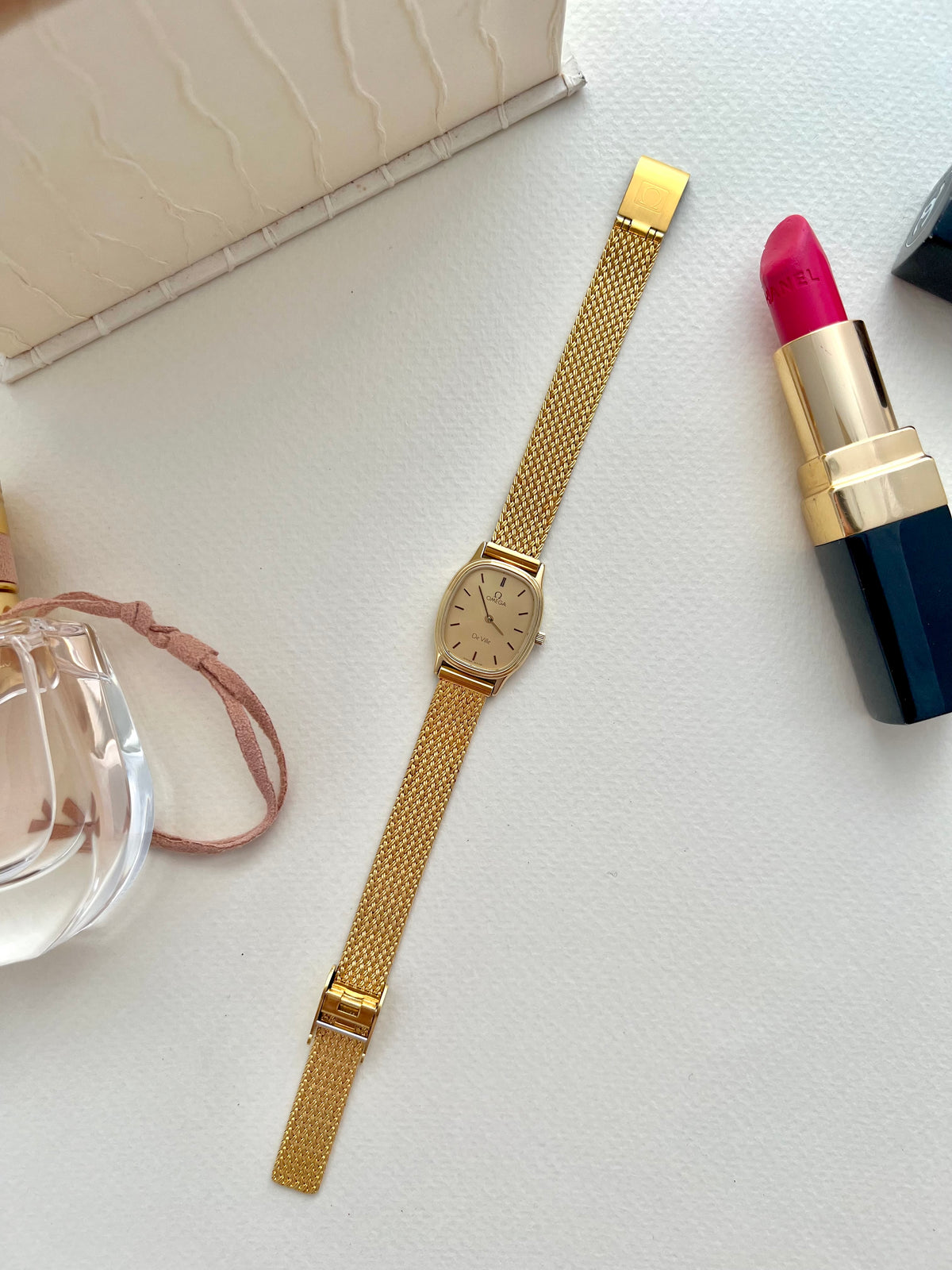 Omega De Ville Oblong Womens Watch with Gold Mesh Bracelet, product view 4.