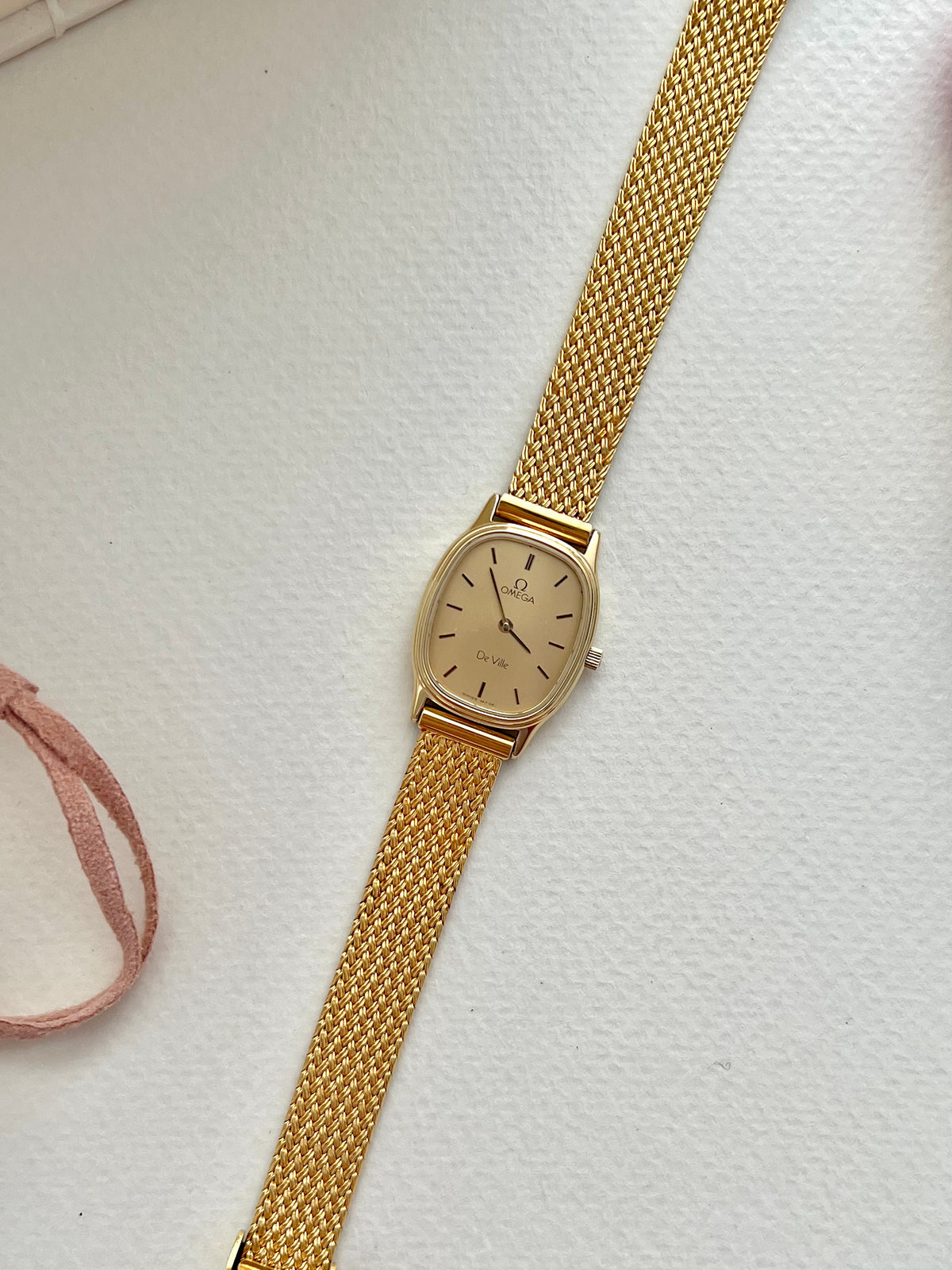 Omega De Ville Oblong Womens Watch with Gold Mesh Bracelet, product view 5.