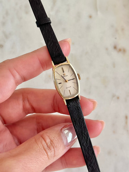 Omega De Ville petite tonneau women’s watch, caseback detail.