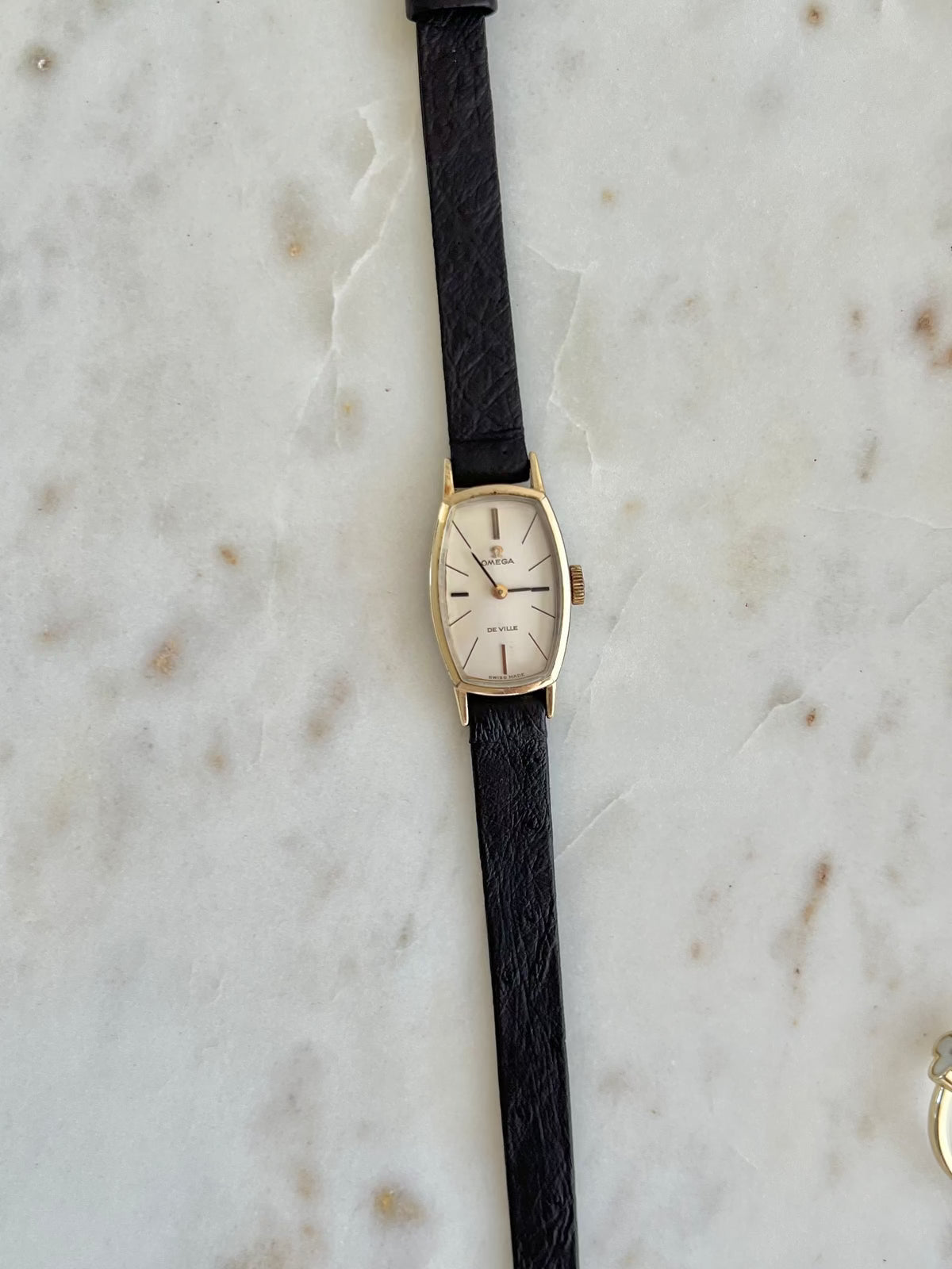 Omega De Ville petite tonneau women’s watch, dial close-up.