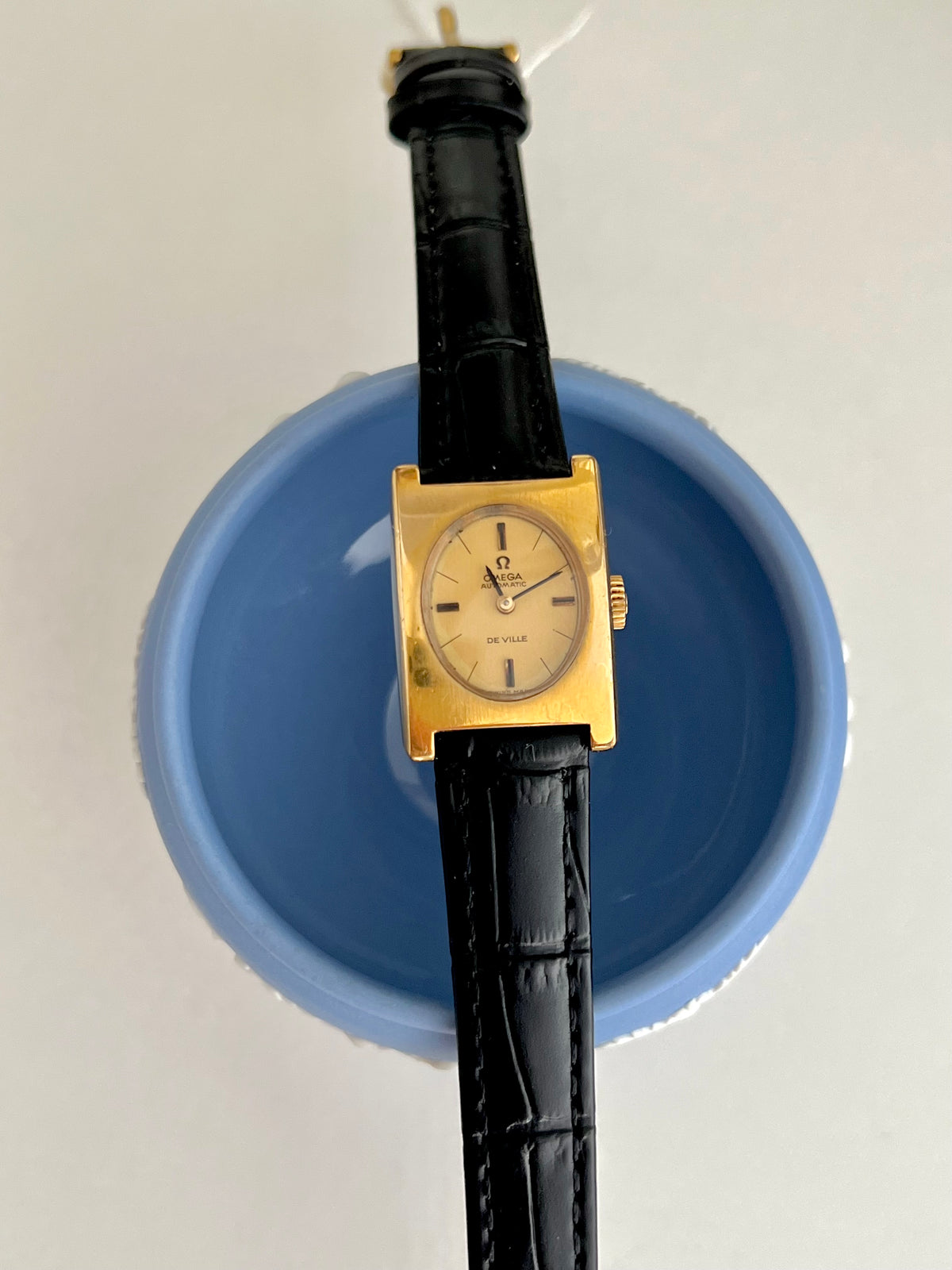 Omega De Ville Rectangular Frame Women's Watch Mechanical Automatic, wrist shot of a vintage women's watch at Gilded Hour.