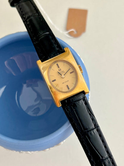 Omega De Ville Rectangular Frame Women's Watch Mechanical Automatic, bracelet detail of a vintage women's watch at Gilded Hour.