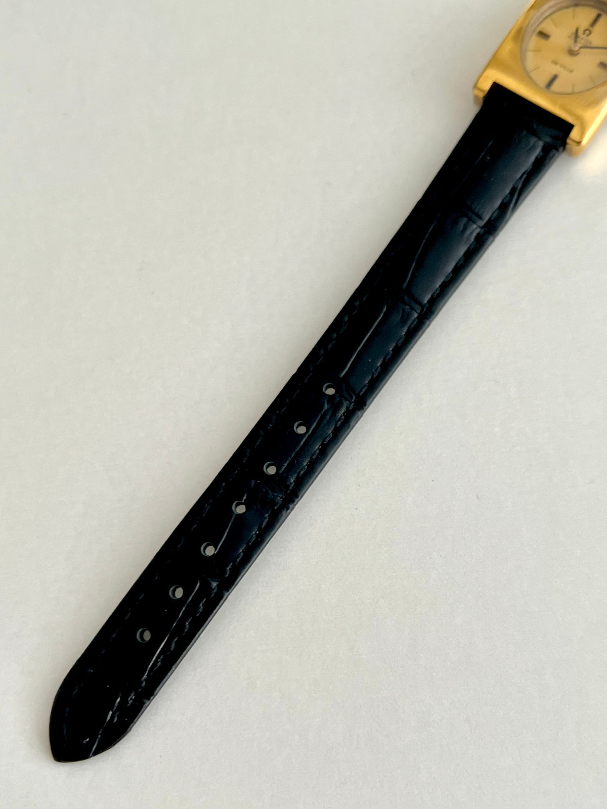 Omega De Ville Rectangular Frame Women's Watch Mechanical Automatic, angled view of a vintage women's watch at Gilded Hour.