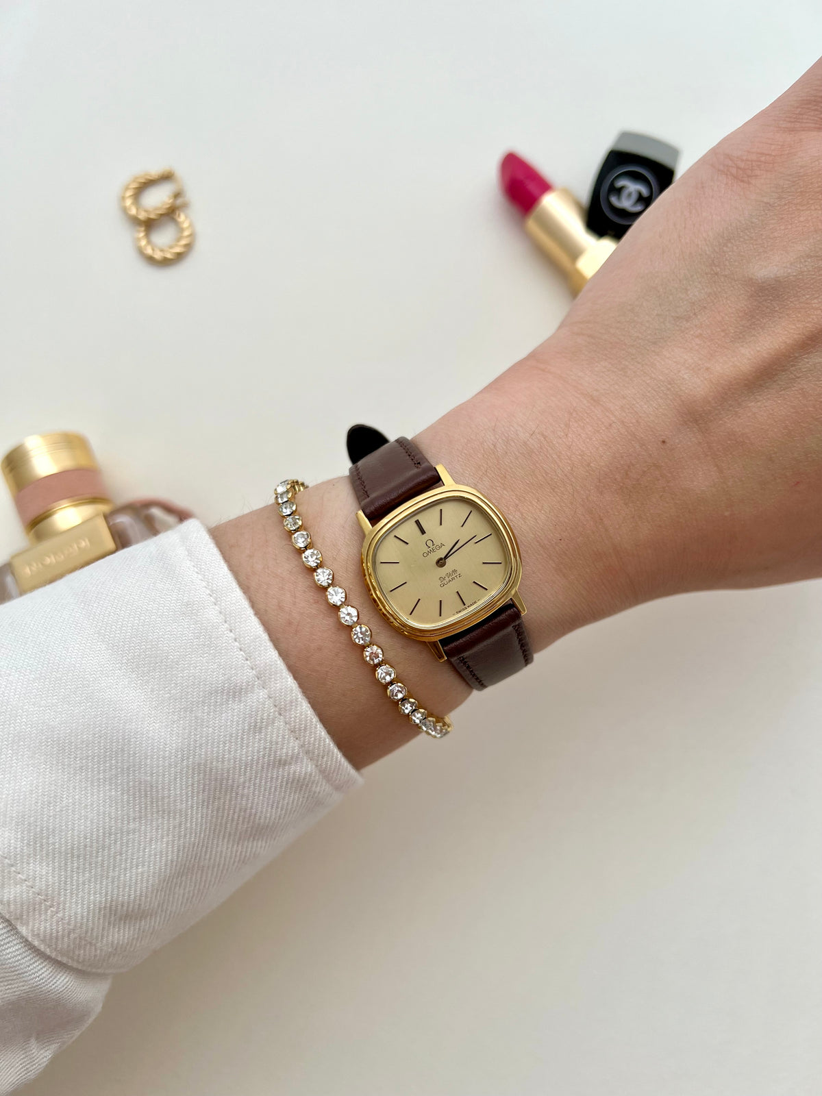 Omega De Ville Cushion Gold Toned Woman's Watch, dial close up of a vintage women's watch at Gilded Hour.