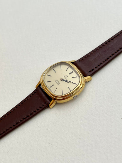 Omega De Ville Cushion Gold Toned Woman's Watch, angled view of a vintage women's watch at Gilded Hour.