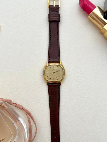 Omega De Ville Cushion Gold Toned Woman's Watch, caseback detail of a vintage women's watch at Gilded Hour.
