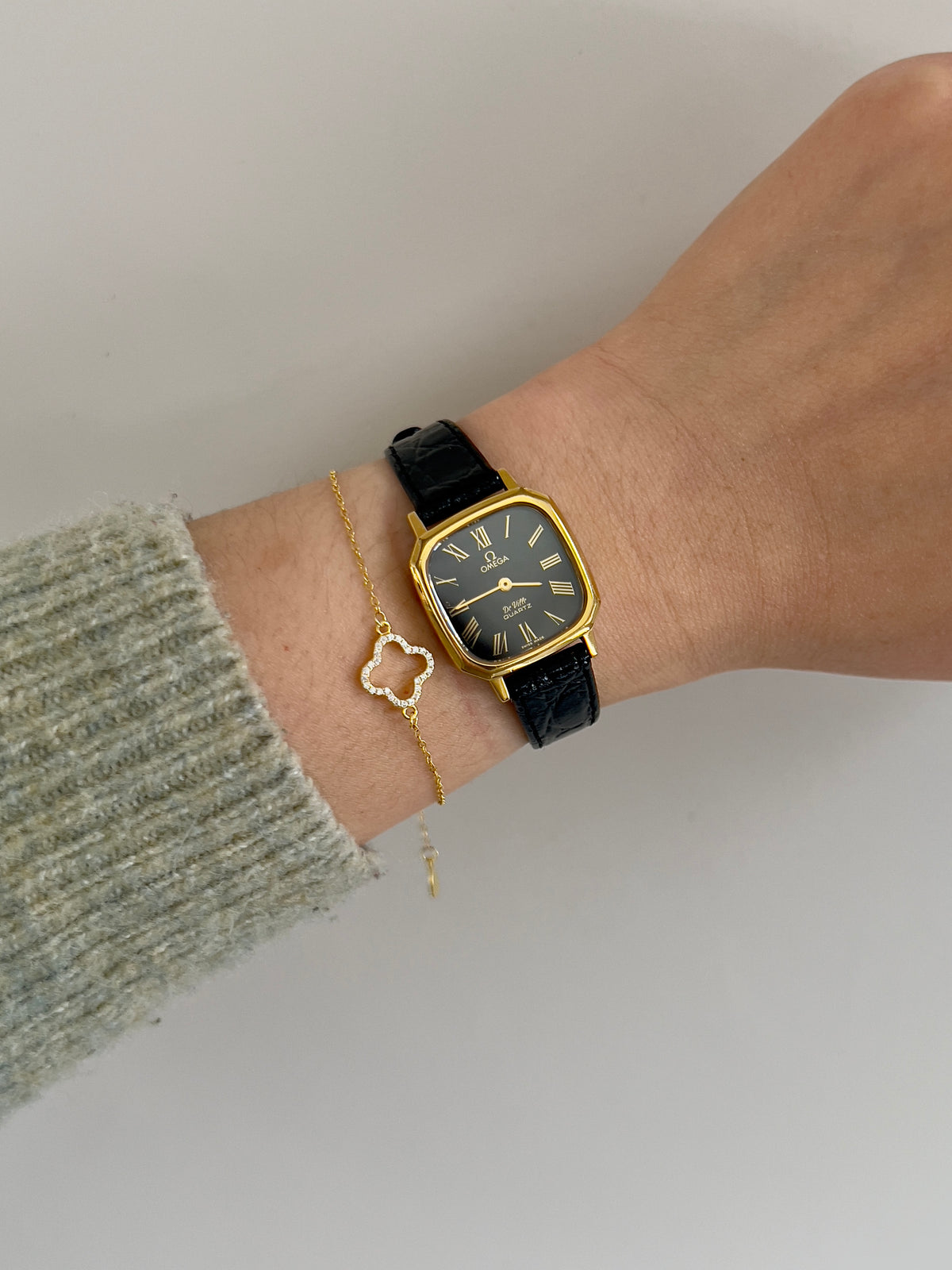 Omega De Ville Rectangular Woman’s Watch with Black Dial, dial close up of a vintage women's watch at Gilded Hour.