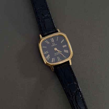 Omega De Ville Rectangular Woman’s Watch with Black Dial, dial close up of a vintage women's watch at Gilded Hour.
