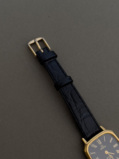 Omega De Ville Rectangular Woman’s Watch with Black Dial, dial close up of a vintage women's watch at Gilded Hour.