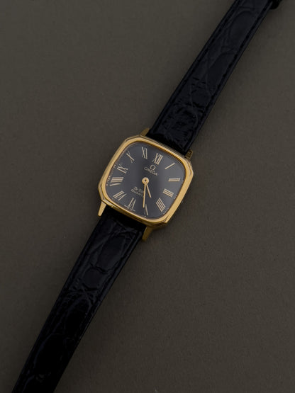 Omega De Ville Rectangular Woman’s Watch with Black Dial, dial close up of a vintage women's watch at Gilded Hour.