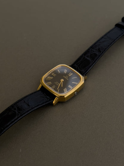 Omega De Ville Rectangular Woman’s Watch with Black Dial, dial close up of a vintage women's watch at Gilded Hour.