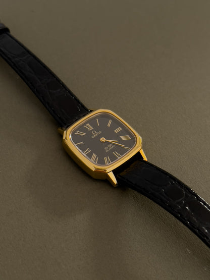 Omega De Ville Rectangular Woman’s Watch with Black Dial, dial close up of a vintage women's watch at Gilded Hour.