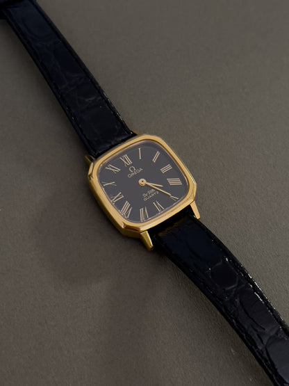 Omega De Ville Rectangular Woman’s Watch with Black Dial, dial close up of a vintage women's watch at Gilded Hour.