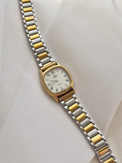 Omega De Ville Cushion Case Woman's Watch with Rope Bezel Pattern, front view of a vintage women's watch at Gilded Hour.