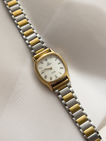 Omega De Ville Cushion Case Woman's Watch with Rope Bezel Pattern, bracelet detail of a vintage women's watch at Gilded Hour.
