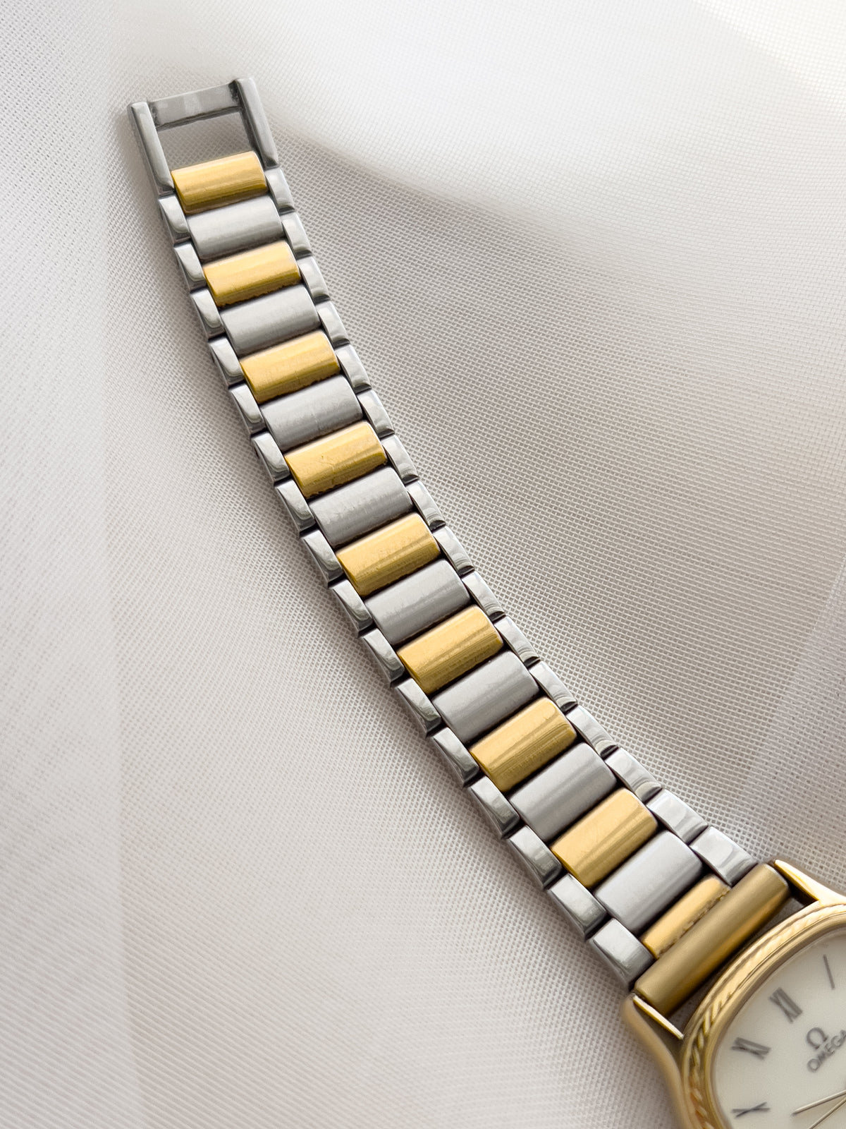 Omega De Ville Cushion Case Woman's Watch with Rope Bezel Pattern, box set of a vintage women's watch at Gilded Hour.