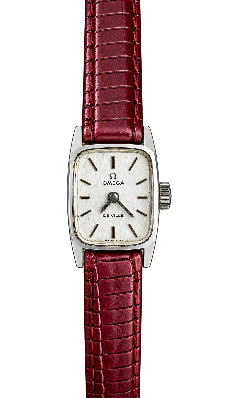 Omega De Ville Silver Linen Dial Burgundy Strap Women’s Watch
