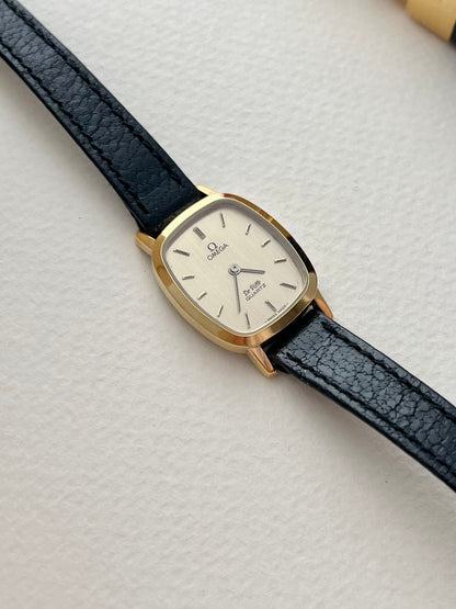 Omega De Ville Tonneau Women's Watch in Gold Tone on Black Leather, view 5.