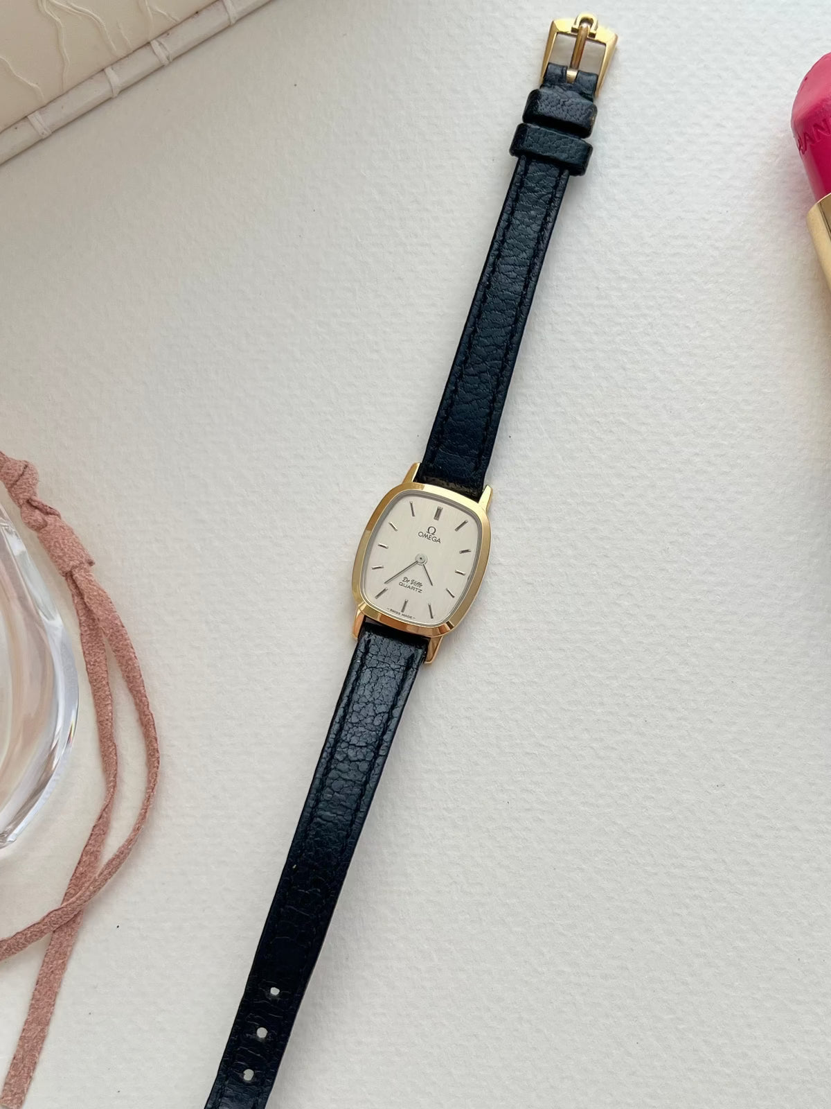 Omega De Ville Tonneau Women's Watch in Gold Tone on Black Leather, view 6.