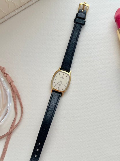 Omega De Ville Tonneau Women's Watch in Gold Tone on Black Leather, view 6.
