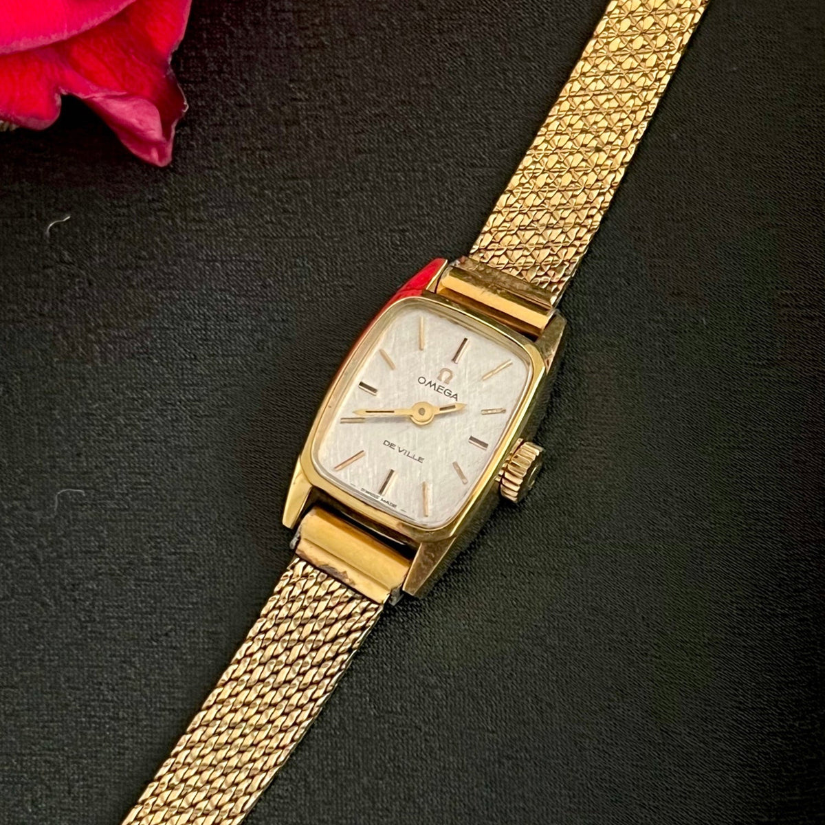 Omega De Ville Tonneau Womens Watch with Gold Mesh Bracelet, product view 1.