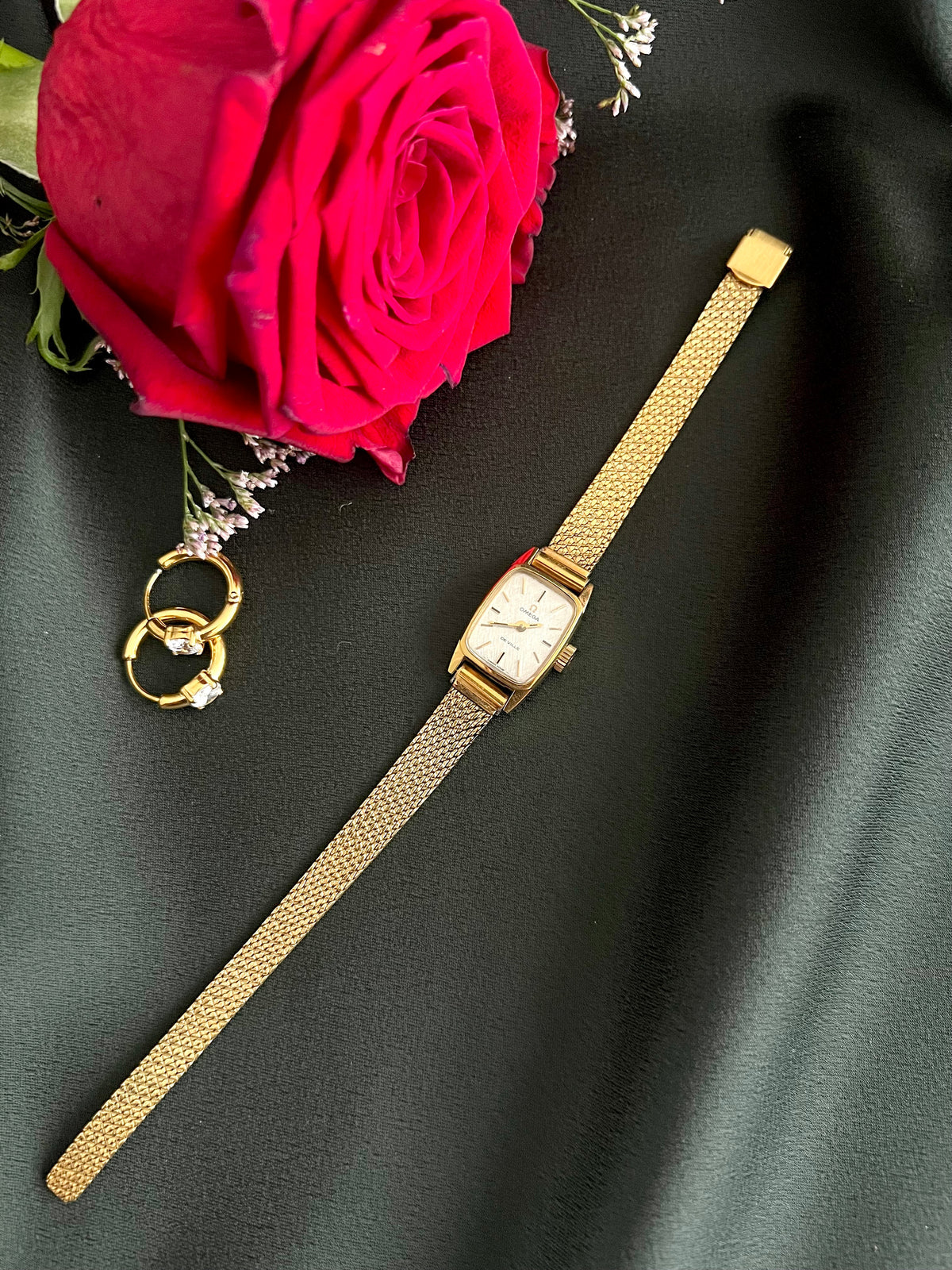 Omega De Ville Tonneau Womens Watch with Gold Mesh Bracelet, product view 3.