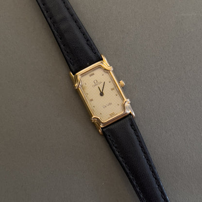 Omega De Ville Ladies Rectangular Gold-Plated Watch with Guilloché Dial, caseback detail of a vintage women's watch at Gilded Hour.