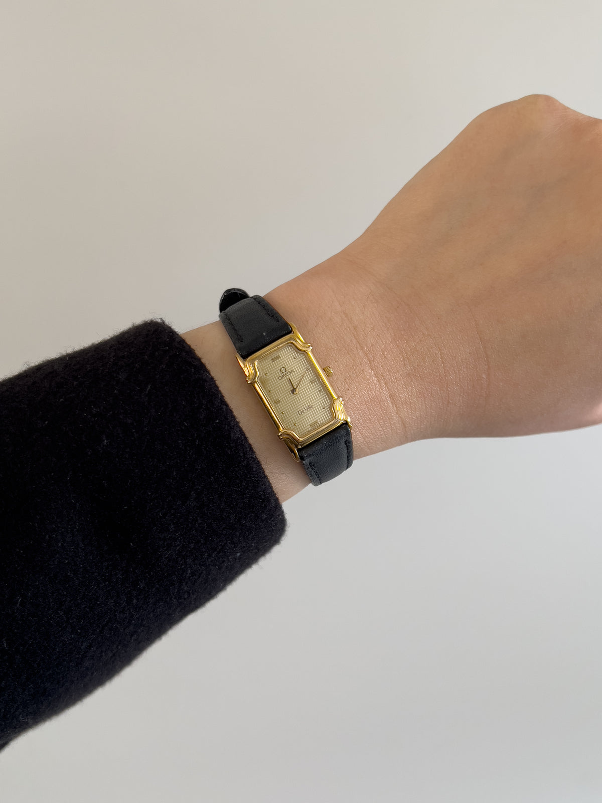 Omega De Ville Ladies Rectangular Gold-Plated Watch with Guilloché Dial, box set of a vintage women's watch at Gilded Hour.
