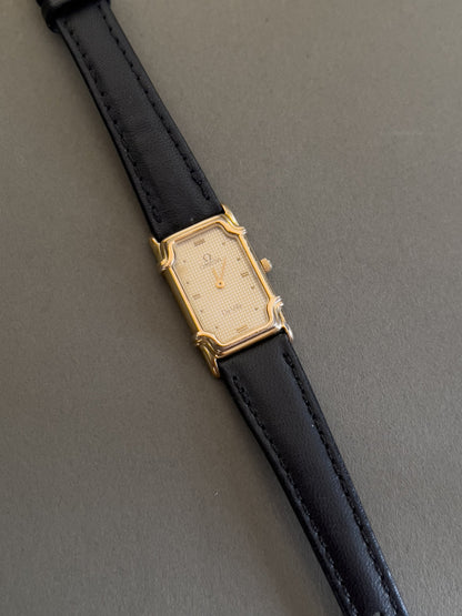 Omega De Ville Ladies Rectangular Gold-Plated Watch with Guilloché Dial, dial close up of a vintage women's watch at Gilded Hour.