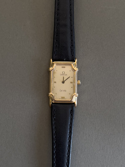 Omega De Ville Ladies Rectangular Gold-Plated Watch with Guilloché Dial, bracelet detail of a vintage women's watch at Gilded Hour.