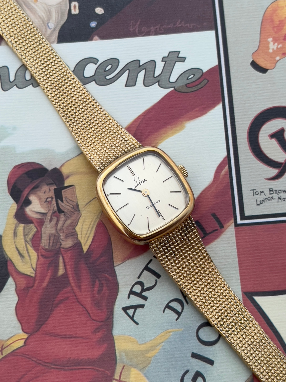 Wrist view of the vintage Omega Geneve ladies mechanical watch.