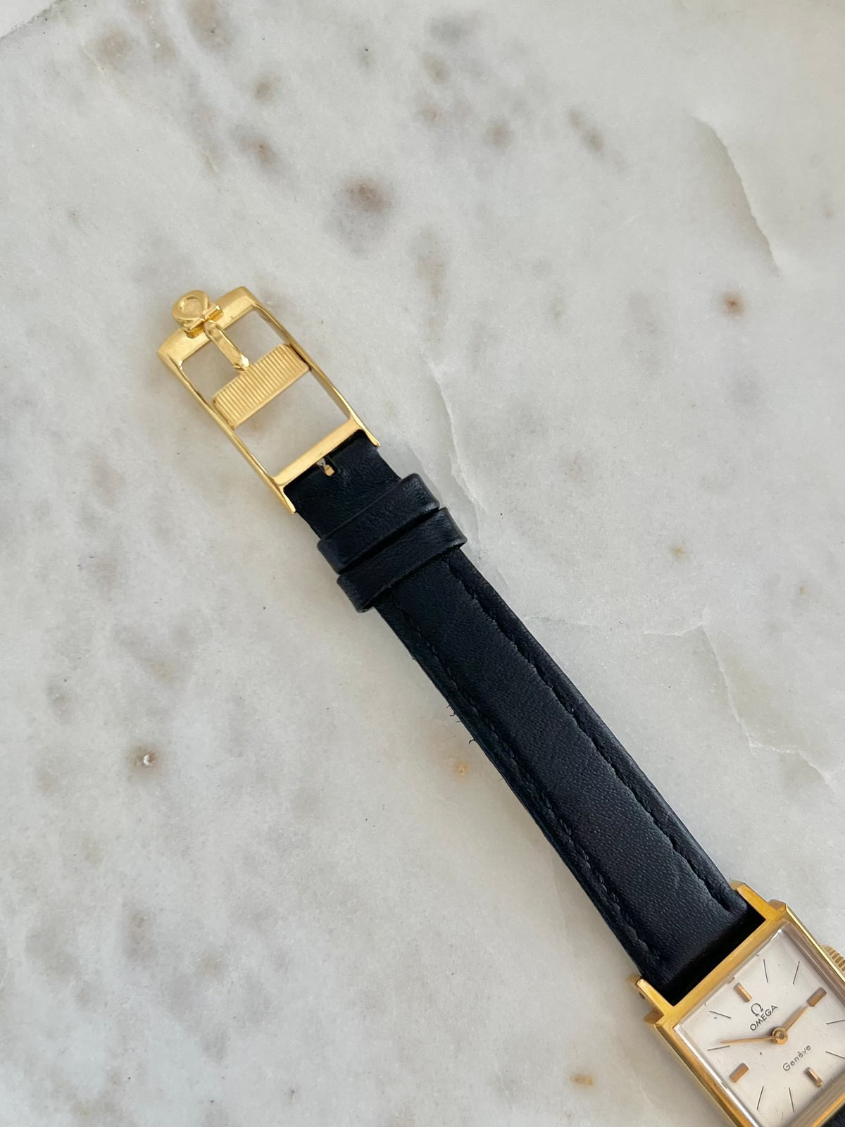 Omega Geneve Square Gold Tone Women’s Watch, front view of a vintage women's watch at Gilded Hour.