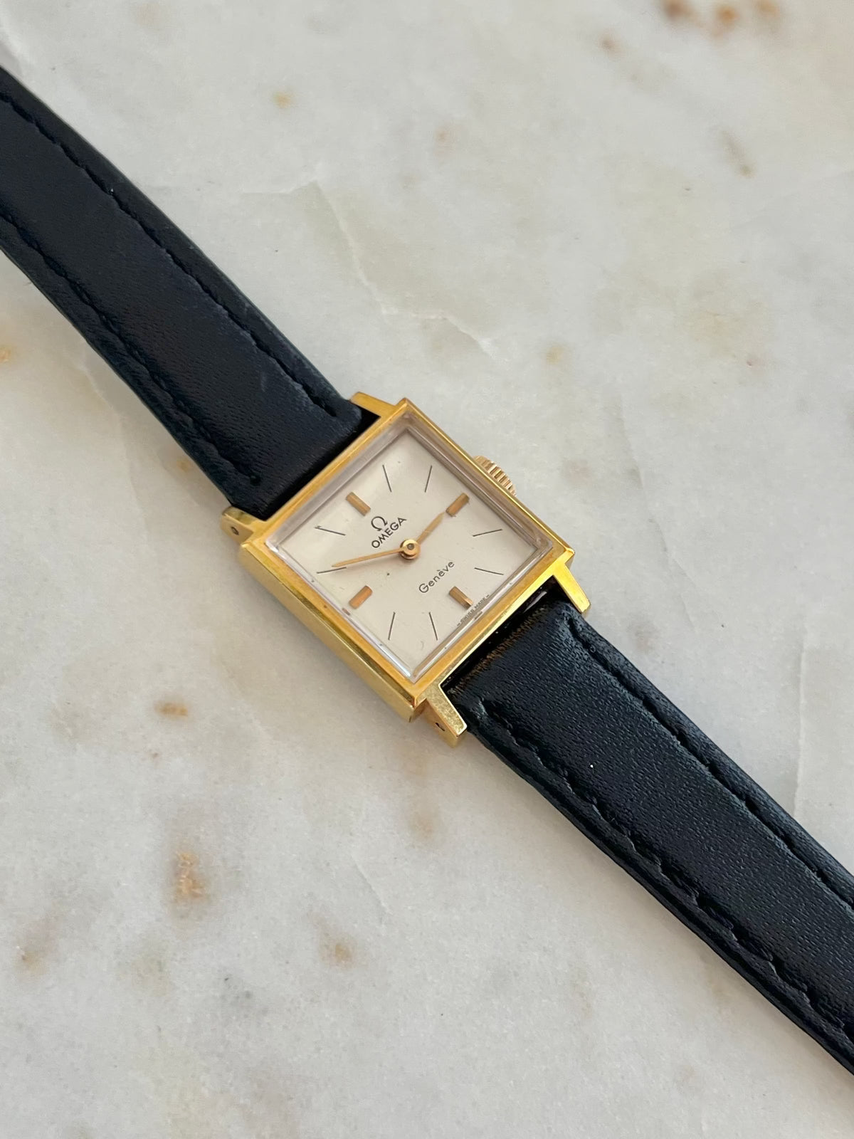 Omega Geneve Square Gold Tone Women’s Watch, dial close up of a vintage women's watch at Gilded Hour.