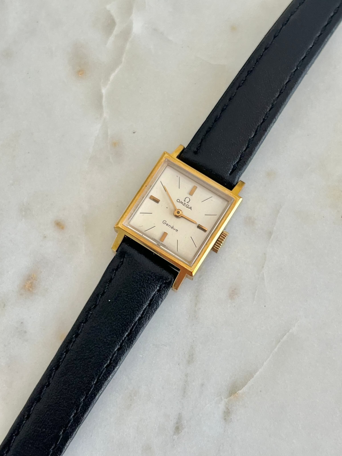 Omega Geneve Square Gold Tone Women’s Watch, angled view of a vintage women's watch at Gilded Hour.