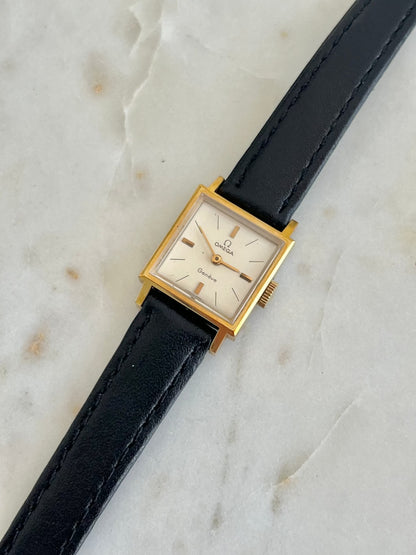 Omega Geneve Square Gold Tone Women’s Watch, angled view of a vintage women's watch at Gilded Hour.