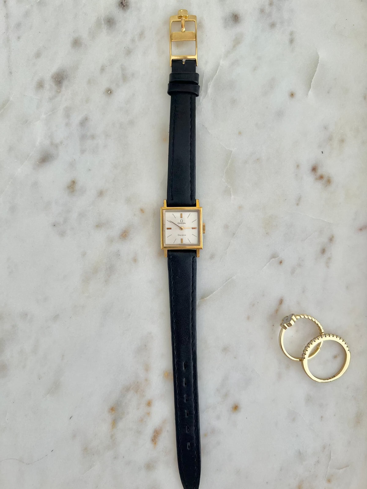 Omega Geneve Square Gold Tone Women’s Watch, wrist shot of a vintage women's watch at Gilded Hour.