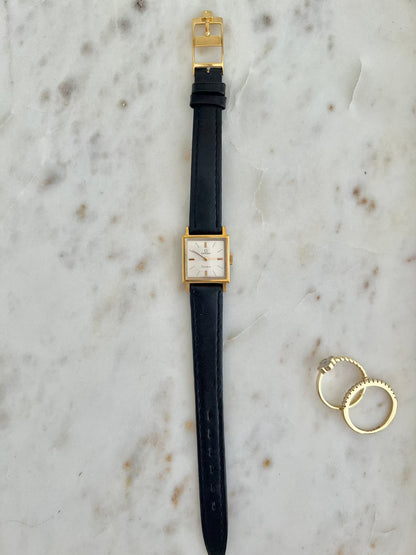 Omega Geneve Square Gold Tone Women’s Watch, wrist shot of a vintage women's watch at Gilded Hour.