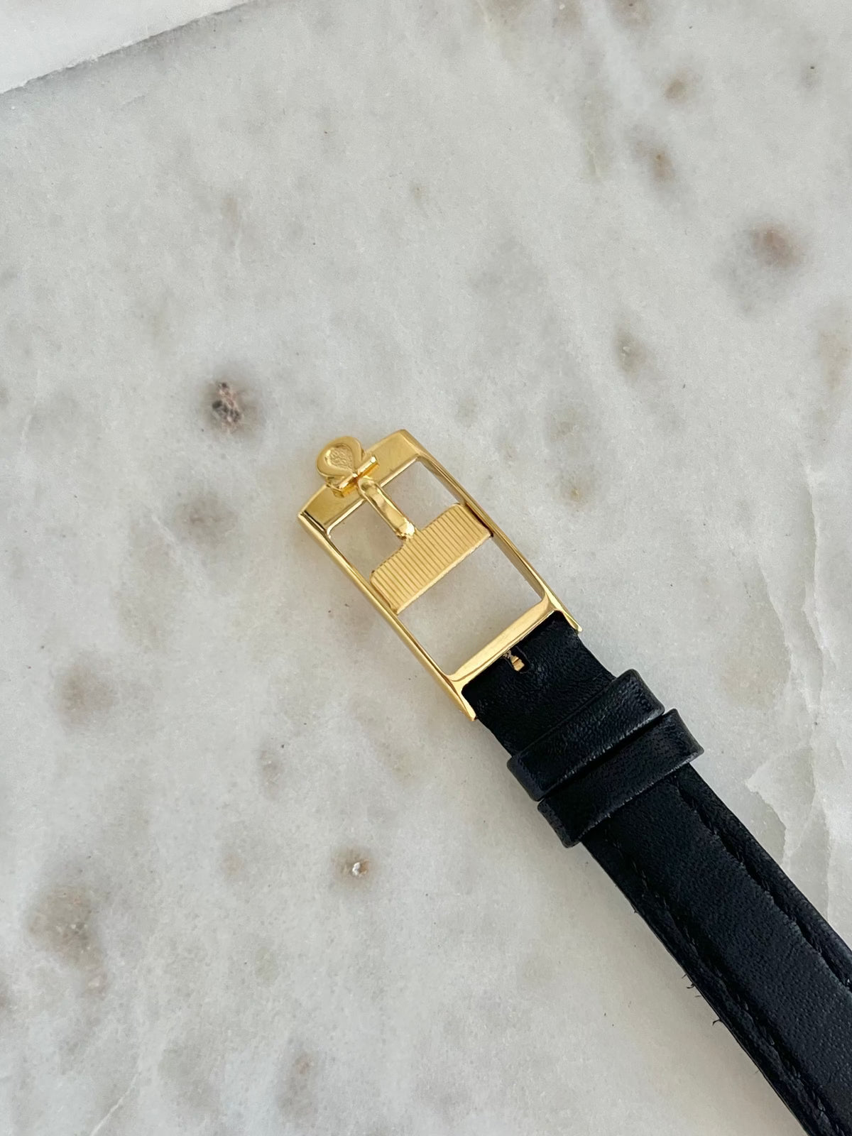 Omega Geneve Square Gold Tone Women’s Watch, bracelet detail of a vintage women's watch at Gilded Hour.