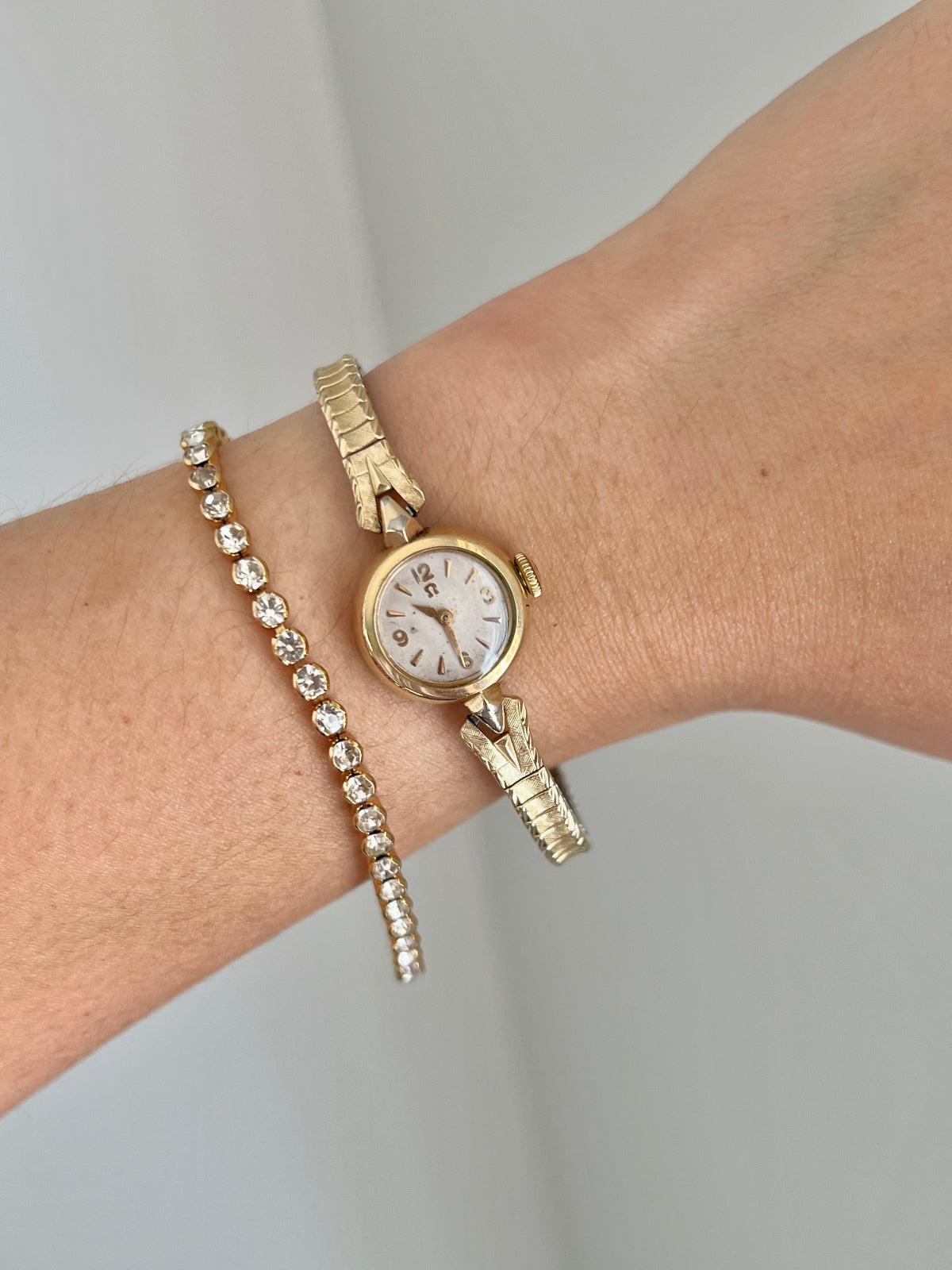 Omega Gold Bracelet Cocktail Watch, bracelet detail of a vintage women's watch at Gilded Hour.